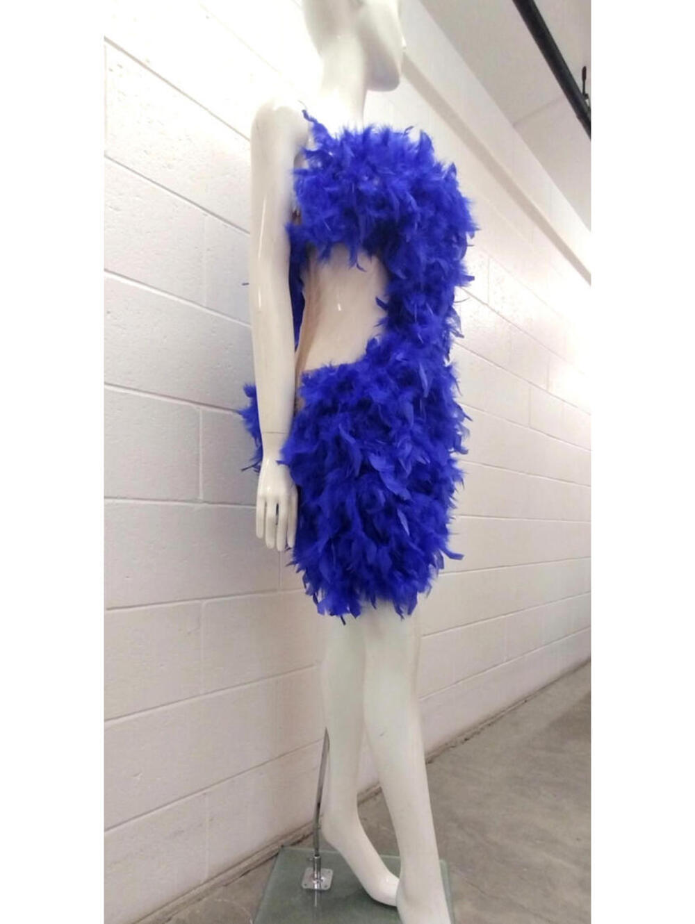 Cobalt Blue Feathers Sheer Dress Vegas Drag Queen BANJUL ASYMMETRICAL Burlesque